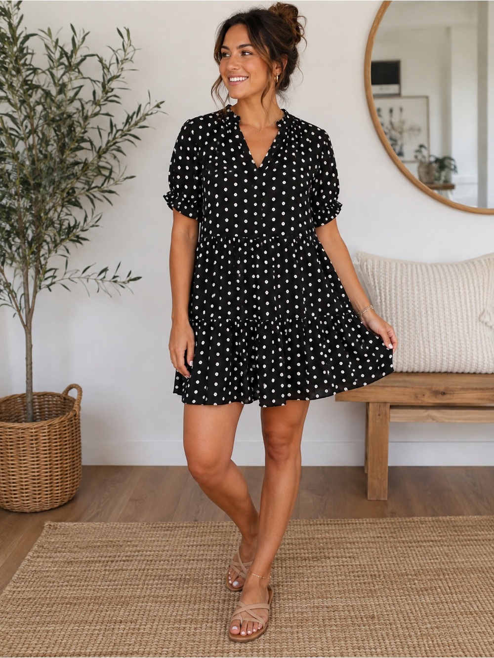 CeCe Black Polka Dot Tiered Mini Dress
